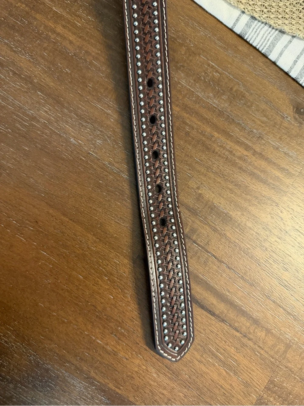 Western Embossed Leather Youth Belt with Studded Detail - Brown